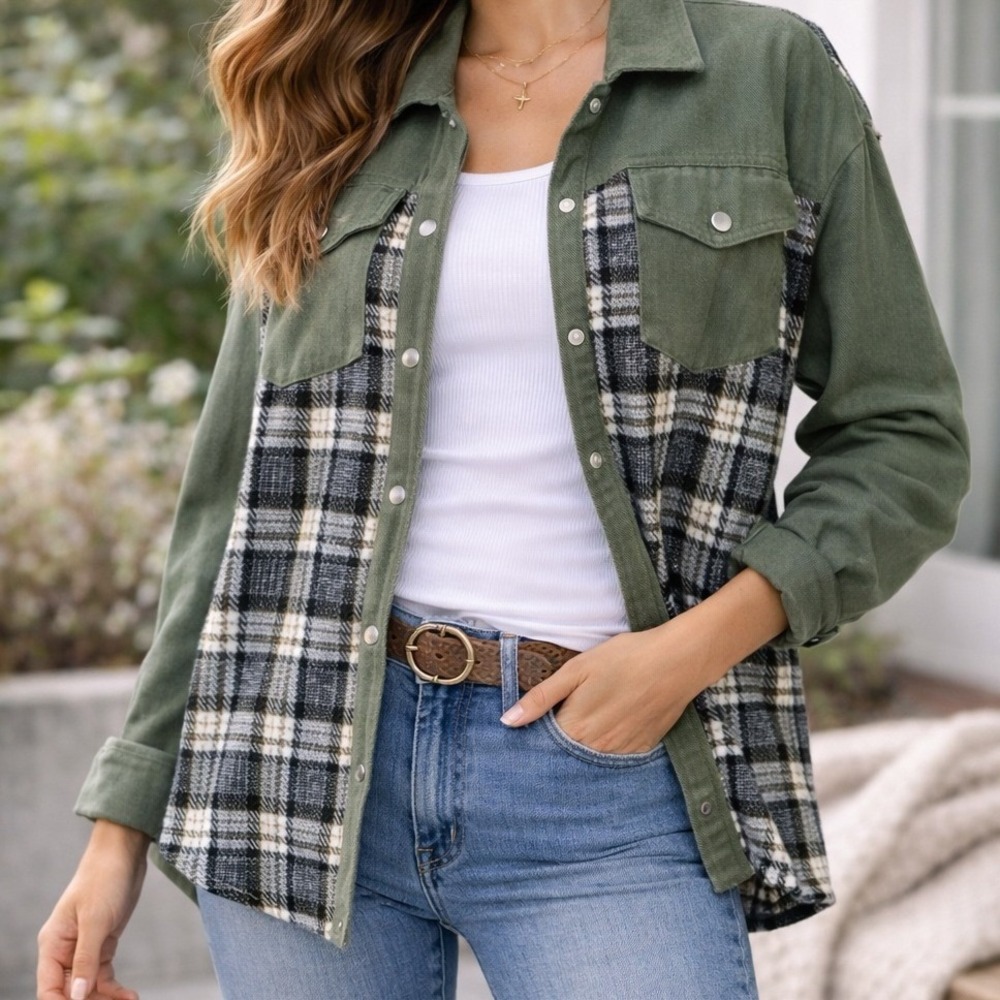 Plaid & Olive‎ Green Shacket Snap Button Lightweight Jacket Layering Oversized
